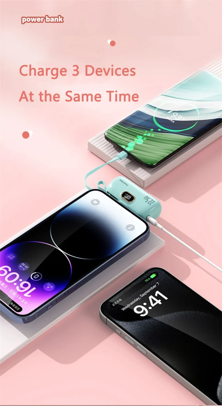 5000mAh Mini Power Bank with Type C Cable Plug 22.5W Fast Charging 6 Power Bank
